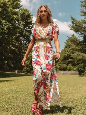 Floral Maxi Dress - White with Pink & Teal Floral